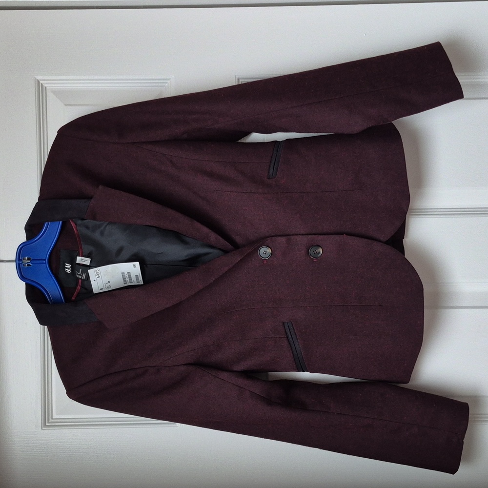 H&M Women's Burgundy Blazer WMicrosuede Collar & Pleated Back Size 6, New W Tags